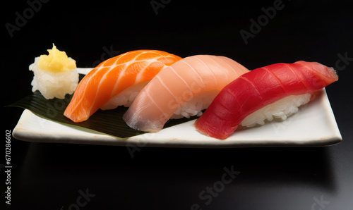 Studio shot of an assorted plate of nigiri with white fish, salmon and tuna 