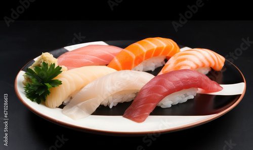 Nigiri sushi mix on a plate, shot in a studio