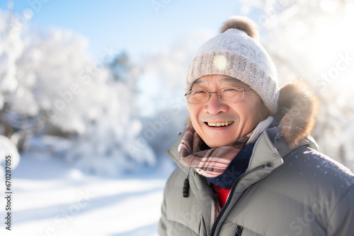 A senior asian male is playing happily with the snow with in a winter coat with a winter hat in a in snow covered country landscape during day in winter on a bright and sunny day