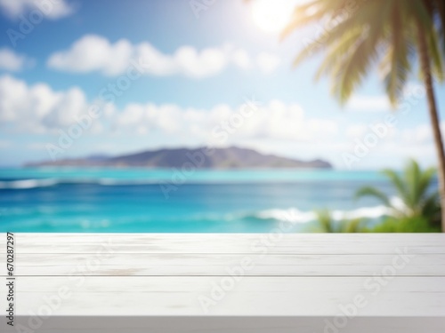 Summer beach background. Empty white table top in front, close-up, blurred tropical resort background. Vacation paradise banner with empty space for advertising product. Blank shelf generated by AI