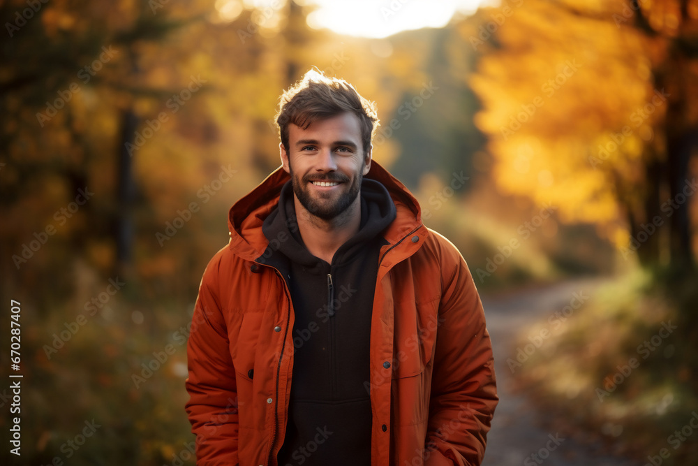 A young caucasian man is posing in front of the camera happily with an autumn coat in a forest during sunset in autumn with a vibrant coloration
