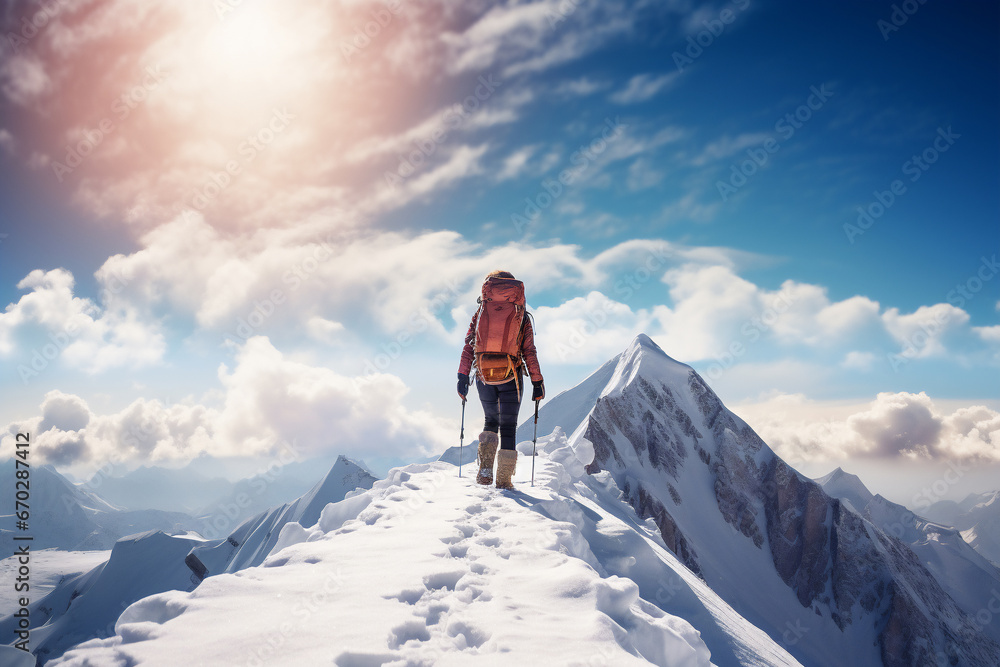 A distant photo of a female mountaineer is standing on the top of a mountain with a thick coat on a in snow covered mountain hill with a trail of footsteps on a sunny day