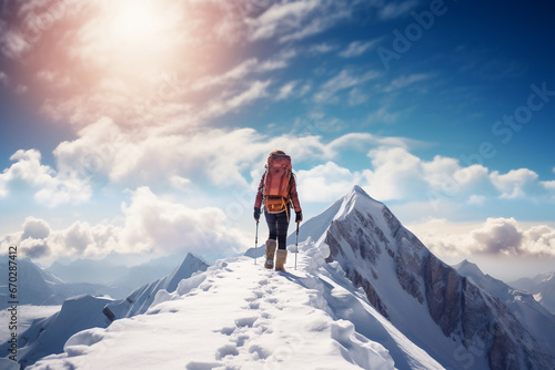 A distant photo of a female mountaineer is standing on the top of a mountain with a thick coat on a in snow covered mountain hill with a trail of footsteps on a sunny day