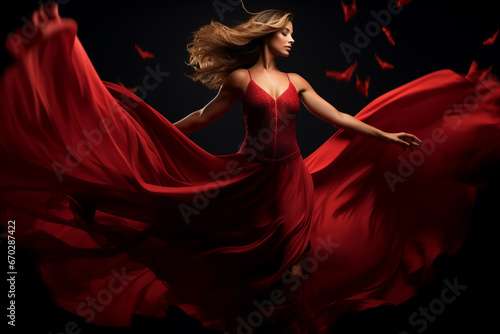 A beautiful stunning caucasian woman is spreading her arms while wearing a dress with eyes closed with flying waving red fabric with a black background ; a full waving red dress