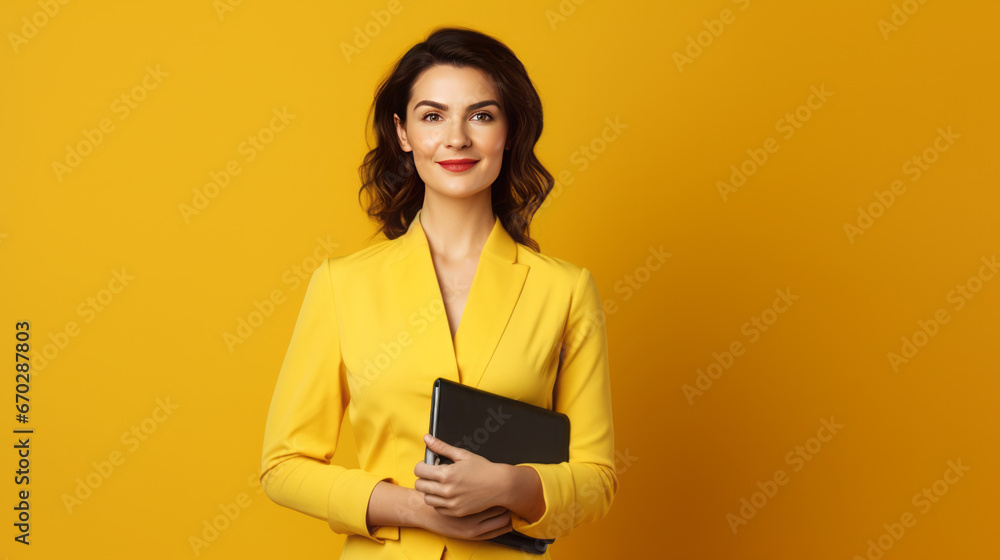 European woman in yellow office suite stands in front of yellow background holds a notebook or black folder with documents, AI-Generated with solid background and copy space European woman in yellow office suite stands in front of yellow background holds a notebook or black folder with documents, AI-Generated with solid background and copy space