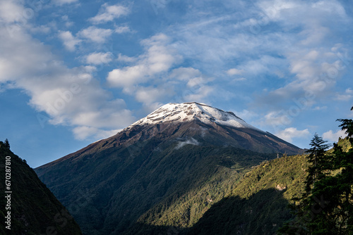 Beautiful view of the volcanoes in the city of Banos, Ecuador. Amazing sunset.
