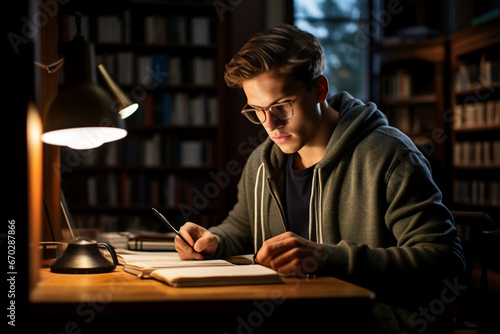 A young male caucasian student is studying concentrated with an tablet in a busy school library on a table with a bookcase in the background