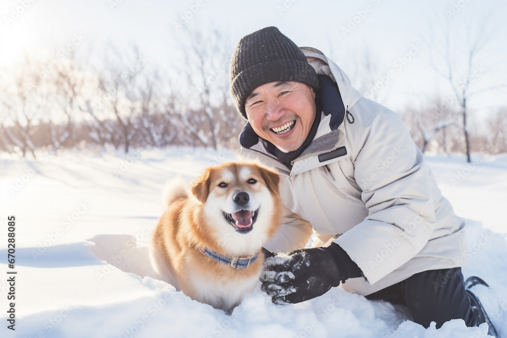A senior asian male is playing happily with the dog in the snow with in a winter coat with a winter hat in a in snow covered country landscape during day in winter on a bright sunny day