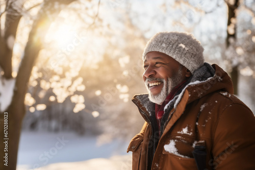 A senior african american male is playing happily with the snow with in a winter coat with a winter hat in a in snow covered forest during sunset in winter on a bright and sunny day