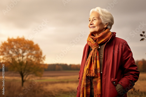 A senior caucasian woman is posing in front of the camera from the front happily with an autumn coat in a country landscape during sunset in autumn in a vibrant coloration