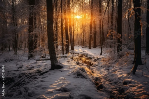 Dawn in a snowy forest. Generative AI