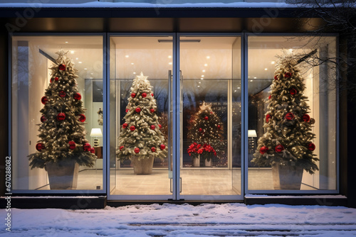 A modern glass pivot door is decorated brightly with christmas and new years decoration the place seen from the exterior typical christmas wreath and ornamental decoration photo