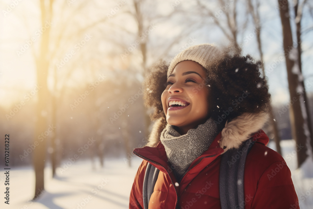 Obraz premium A young african american woman is playing in the snow happily with a winter coat and a winter hat in a in snow covered forest during sunset in winter on a bright day