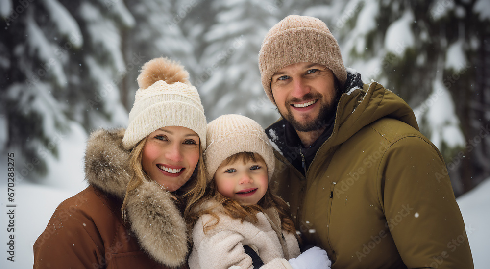A happy caucasian family is posing playfully in front of the camera with winter coats and wearing winter hats in a in snow covered forest during a bright day in winter while snowing