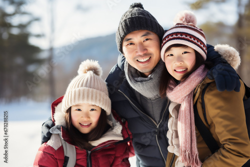 A happy asian family is posing playfully in front of the camera with winter coats and wearing winter hats in a in snow covered country landscape during a bright day in winter on a sunny day