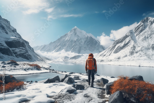 A distant photo of a female mountaineer is standing on a rock in front of a mountain lake with a thick coat on a in snow covered mountain hill with a trail of footsteps on a sunny day