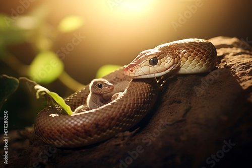 close-up of a green textured snake and her baby, a venomous animal of the wildlife, animal family in nature