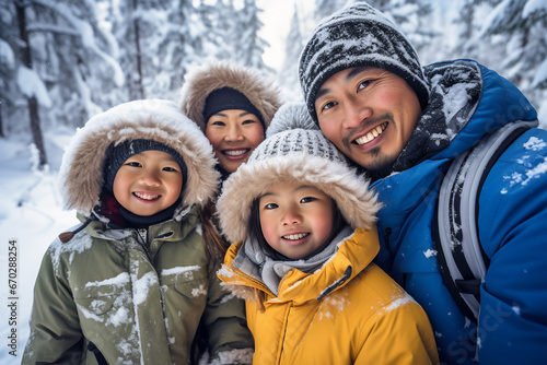 A happy asian family is posing playfully in front of the camera with winter coats and wearing winter hats in a in snow covered forest during a bright day in winter on a sunny day