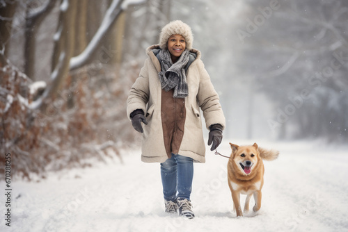 A senior african american woman is walking happily with the dog with a winter coat and winter hat in a in snow covered forest during day in winter while snowing