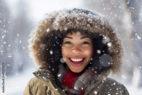 A young african american woman is playing in the snow happily with a winter coat and a winter hat in a in snow covered country landscape during day in winter while snowing