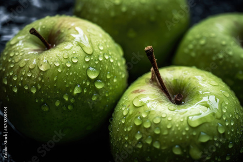 Green granny smith apples with water droplets closeup shot. Fruit moody background