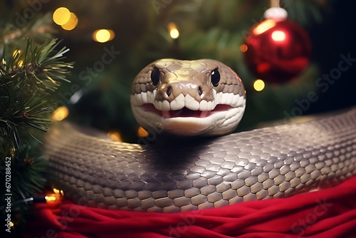 funny snake for Christmas on the background of a Christmas tree close-up