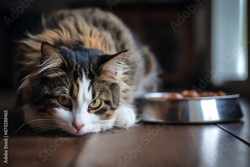 pet cat sits next to a bowl and eats cat food