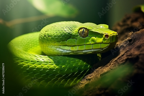 close-up of a green textured snake, a venomous animal of the wildlife