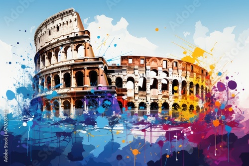 Watercolor Roman Colosseum with paint splatter. Ancient Roman amphitheater. Capital of Italy