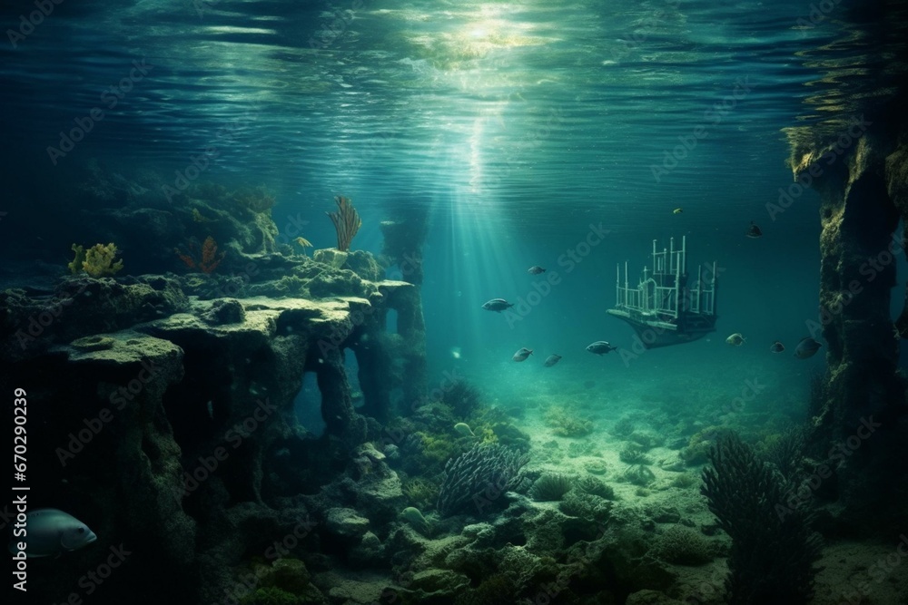 A scenic view of the submerged scenery beneath the water surface. Generative AI