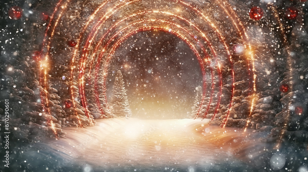 Fototapeta premium christmas arch decorated with lights of glowing garlands, background greeting card copy space
