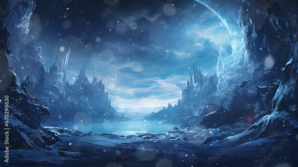 icy world, twilight in a frozen world among icy rocks snowfall, abstract cold blue landscape mountains
