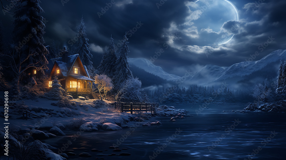 night winter landscape of nature, a lonely hut among the snowfall in the forest mountains, the shelter of a forester in the north, snowflakes falling, dark blue evening