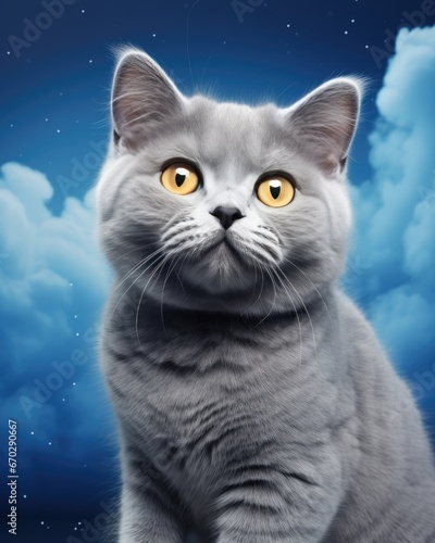 cute gray kitten sitting on a shelf with blue wall background.