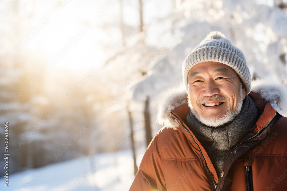 A senior asian male is playing happily with the snow with in a winter coat with a winter hat in a in snow covered forest during sunset in winter on a bright and sunny day A senior asian male is playing happily with the snow with in a winter coat with a winter hat in a in snow covered forest during sunset in winter on a bright and sunny day
