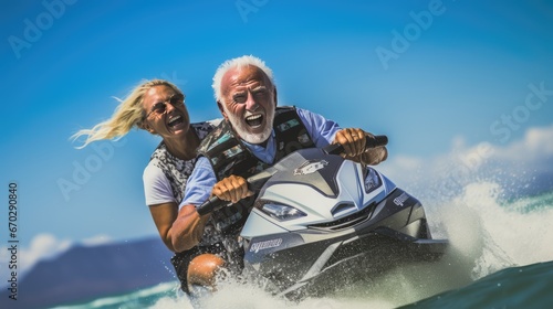 two elderly people riding a jet ski, in the style of epic portraiture. © hisilly