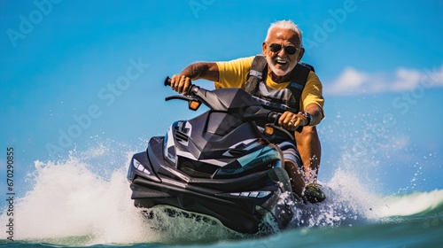 an older man riding a jet ski