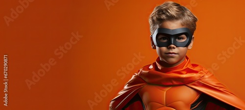 Kid wearing costume in the style of superheroes. © hisilly