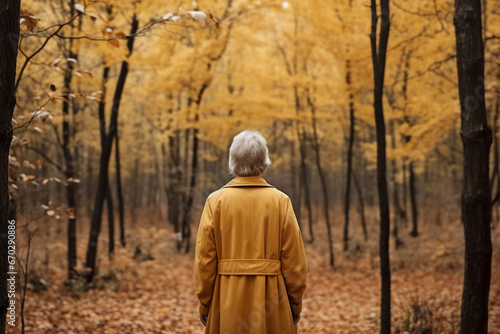 A senior caucasian woman is posing in front of the camera from the front happily with an autumn coat in a forest during sunset in autumn with no leaves on the trees