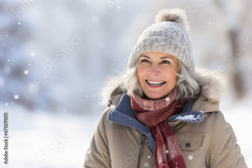 A senior caucasian woman is playing in the snow happily with a winter coat and a winter hat in a in snow covered country landscape during day in winter while snowing © pangamedia
