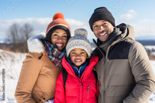 A happy african american family is posing playfully in front of the camera with winter coats and wearing winter hats in a in snow covered country landscape during a bright day in winter on a sunny day