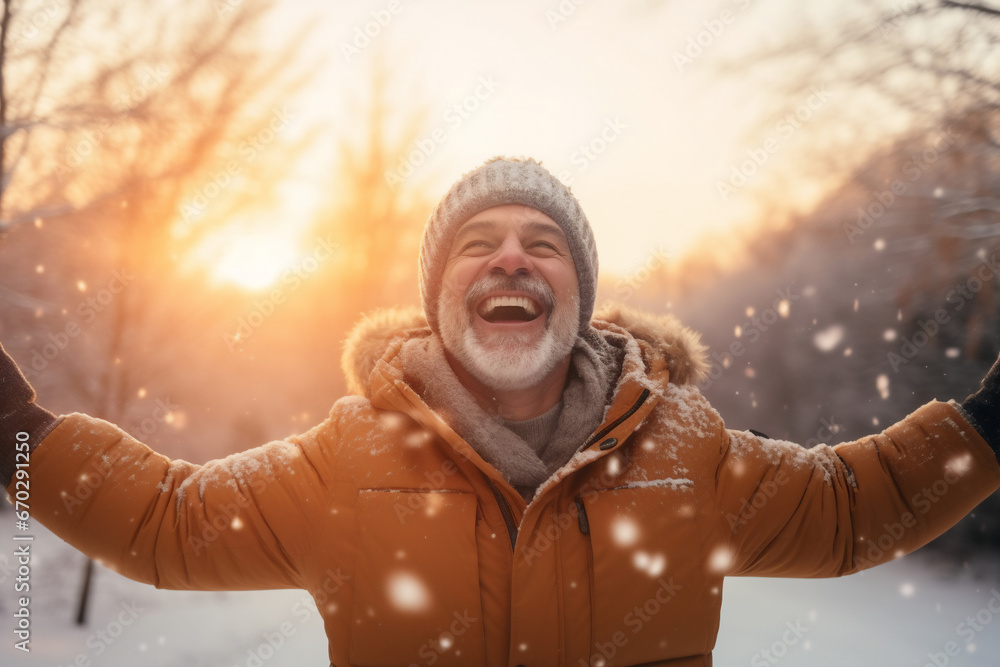 A senior caucasian male is playing happily with the snow with in a winter coat with a winter hat in a in snow covered country landscape during sunset in winter while snowing A senior caucasian male is playing happily with the snow with in a winter coat with a winter hat in a in snow covered country landscape during sunset in winter while snowing