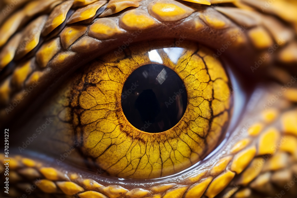 Fototapeta premium A close up of a snake eye: is a stunning photo macro with of an eyeball with a yellow iris and round shaped pupil and light colored scaly skin : a detailed eyeball close up