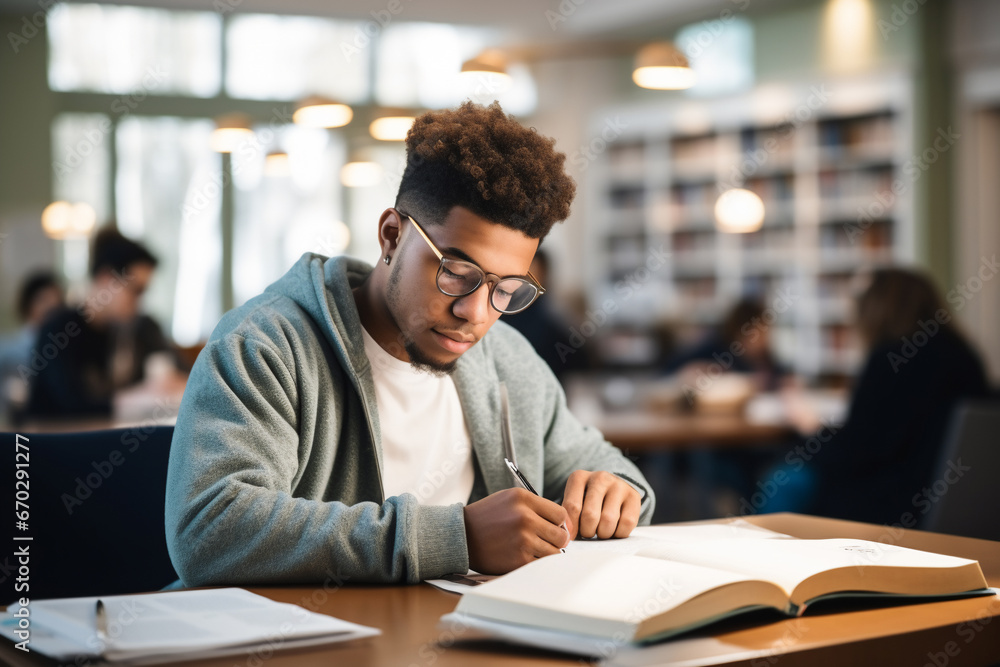 A young male african american student is studying while wearing glasses with computer or laptop in a quiet and empty school library on a table while writing on a notebook A young male african american student is studying while wearing glasses with computer or laptop in a quiet and empty school library on a table while writing on a notebook