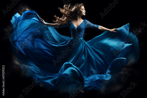 A beautiful stunning caucasian woman is wearing a dress with eyes closed with flying waving blue fabric with a black background : a full waving dress