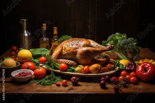 Turkey with vegetables and vegetables on a wooden stand.