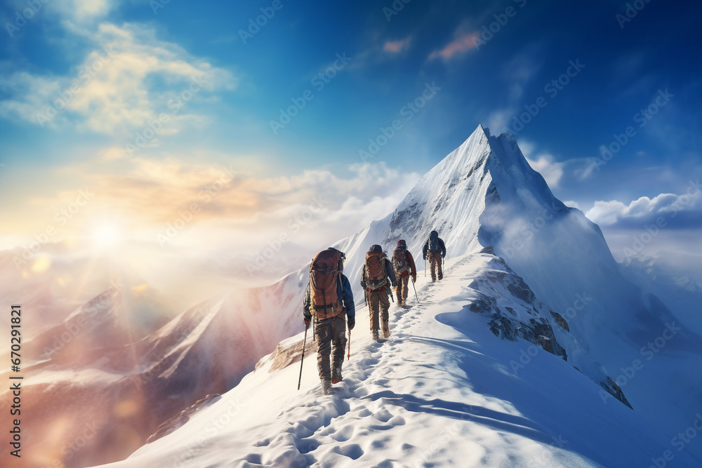 A close up of a group of tourist mountaineers and their guide are hiking to the top of a mountain with thick coats on a in snow covered mountain hill with trails of footsteps on a bright sunny day - obrazy, fototapety, plakaty 