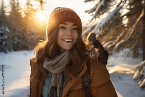 A young caucasian woman is walking happily with a winter coat and a winter hat in a in snow covered forest during sunset in winter on a bright day