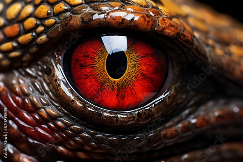 A close up of a lizard eye: is a stunning photo macro with of an eyeball with a red iris and vertical slit shaped pupil and dark scaly skin : a detailed eyeball close up