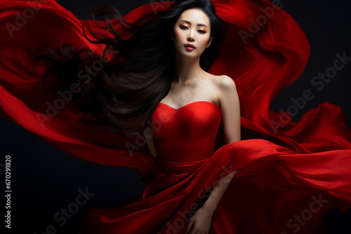 A beautiful stunning asian woman is wearing a dress with eyes closed with flying waving red fabric with a black background ; a full waving red dress